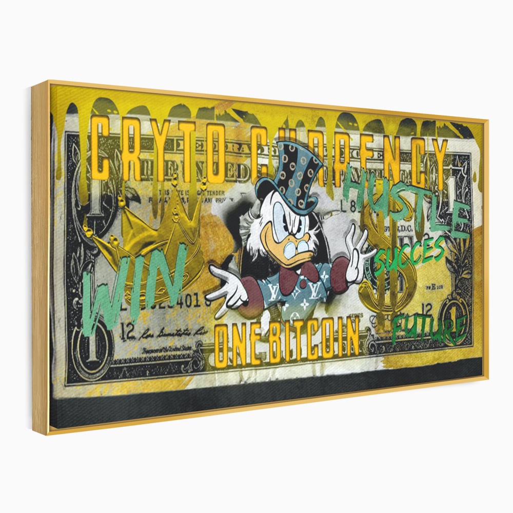 Tablou canvas cu tablou canvas cu donald duck si bitcoin, in rama de aluminiu auriu